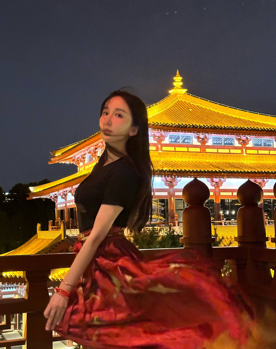 娄艺潇晒西安夜景随拍 穿马面裙秀发飘逸优雅温柔