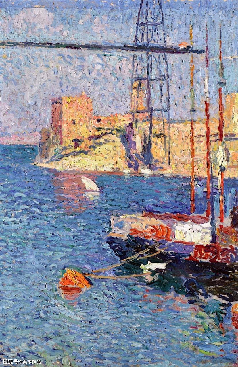 港口风景点彩画:科利尤尔港,马赛港-亨利·马丁|美术作品
