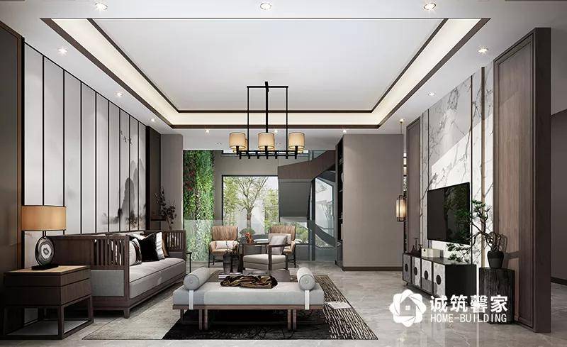白石材以及浅色木饰面,加上黑色不锈钢线条点缀,搭配新中式家具副本