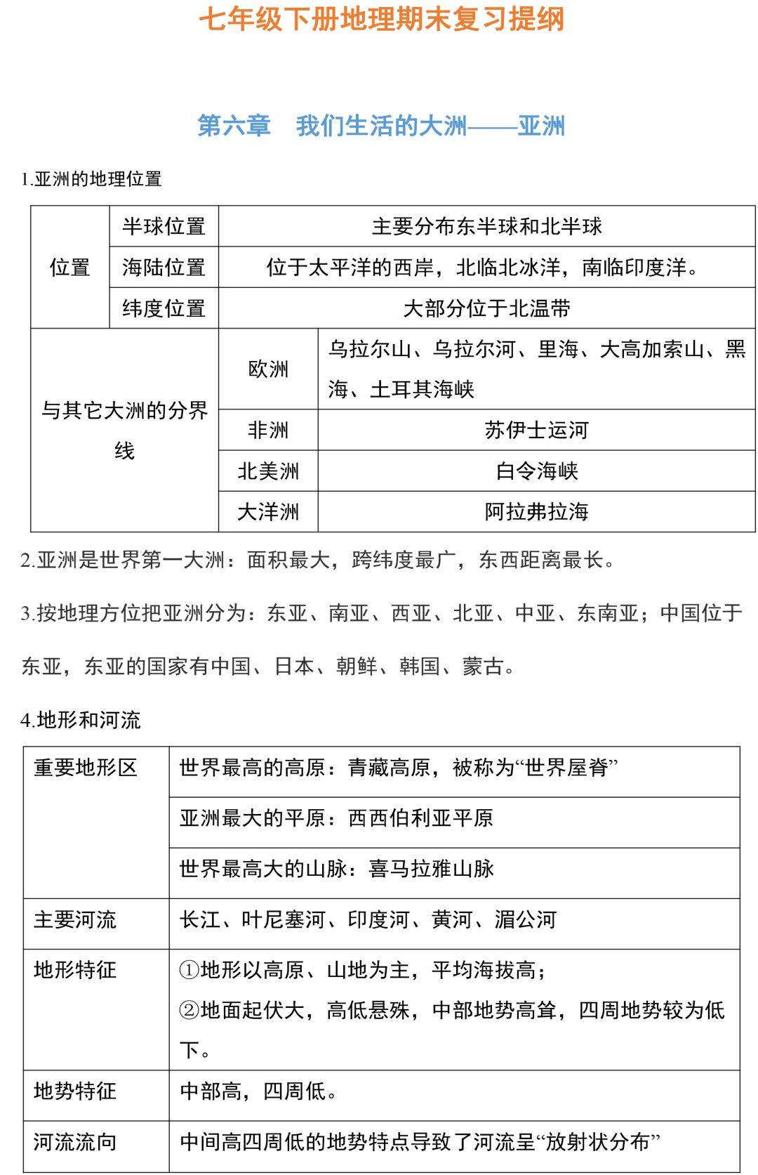 期末复习丨七下地理知识点复习提纲,期末考前一定要看一遍!