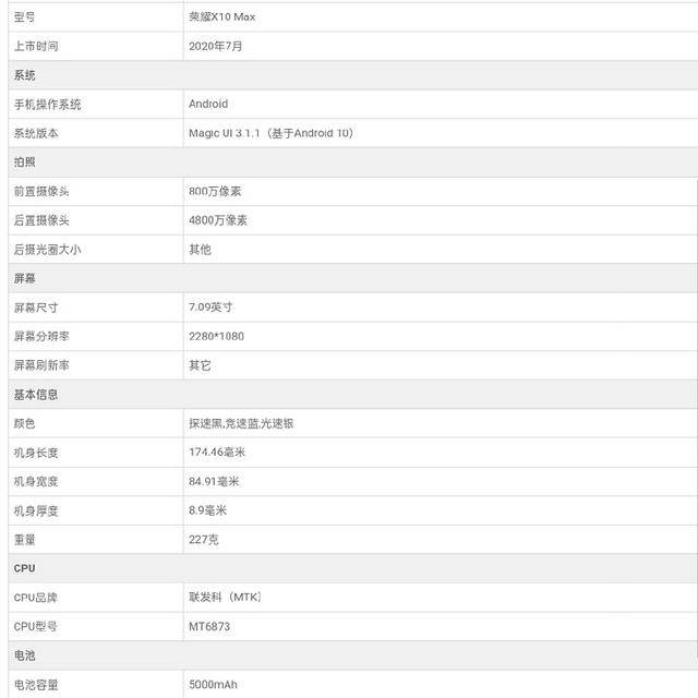 华为x10max参数配置,华为荣耀X10参数配置 荣耀x10 max参数曝光:7.09英寸屏 5000mah电池!