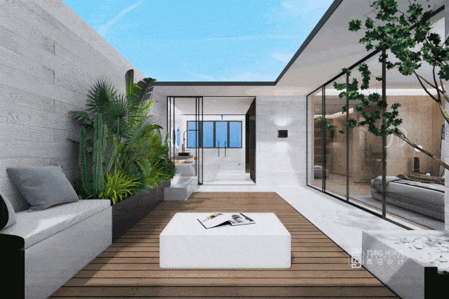 水泥花坛里养着喜爱的植物, 矮几上放着散发墨香的书籍, 舒适的懒人