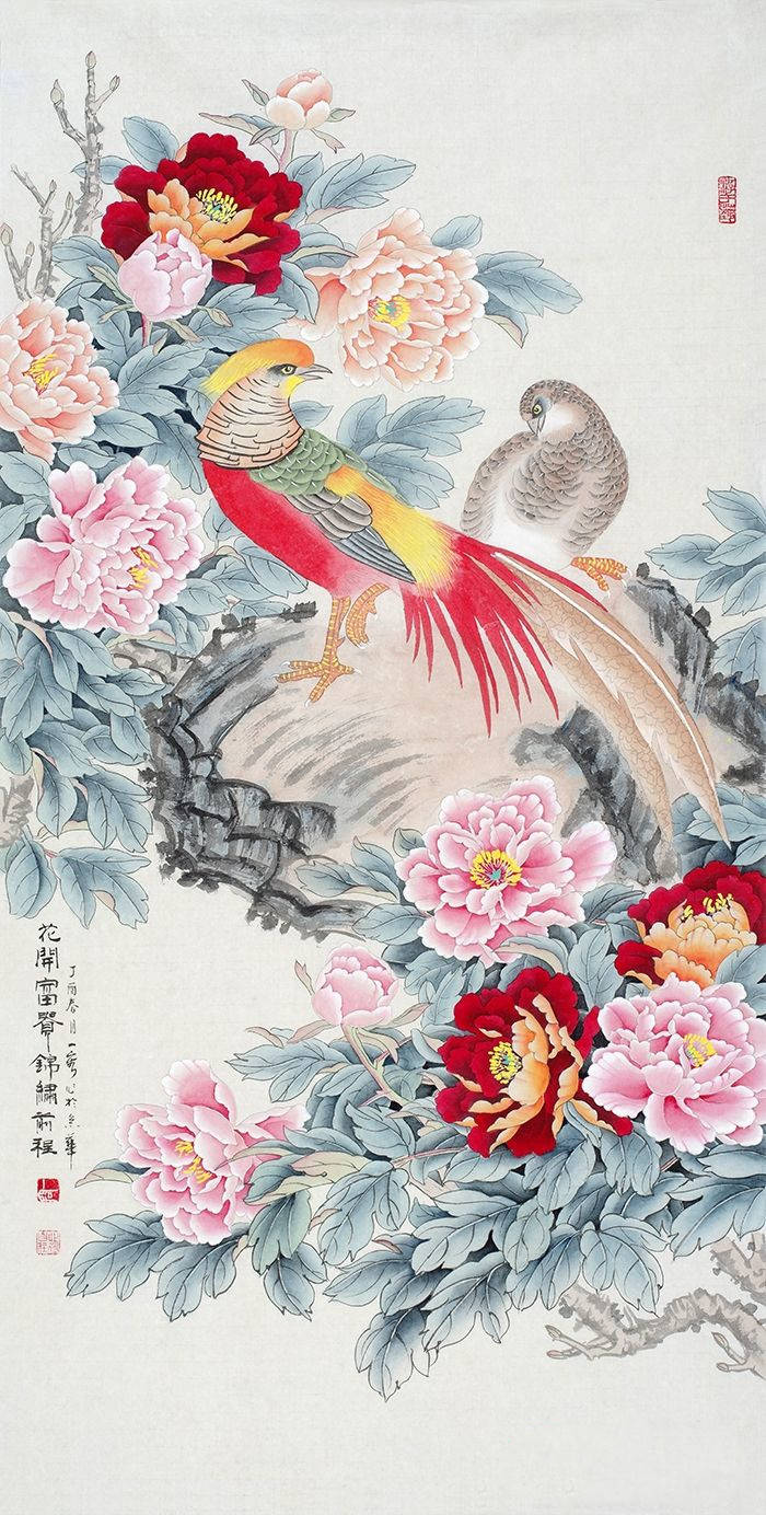 王一容四尺竖幅牡丹锦鸡图《花开富贵锦绣前程》作品来源:易从网