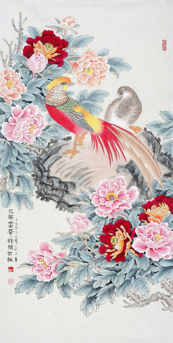 王一容老师这幅锦鸡图画面中,锦鸡配上花卉寓意着锦上添花,前程似锦