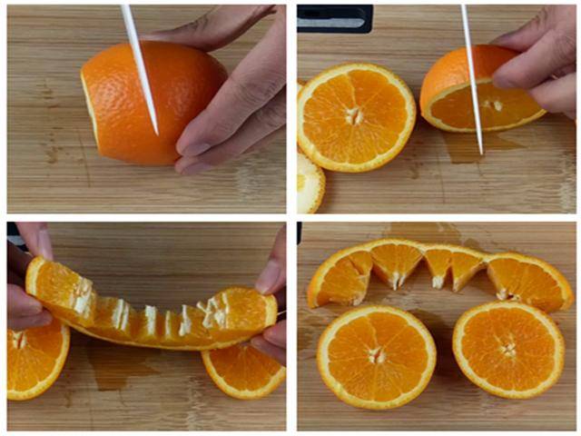 橙子切法掐头去尾法,首先把头部和尾部去掉,从中间切开一分为二,然后