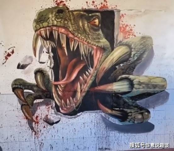 这只恐龙画得真霸气，一面废墙上画出真水平，难得一见的好作品_绘画