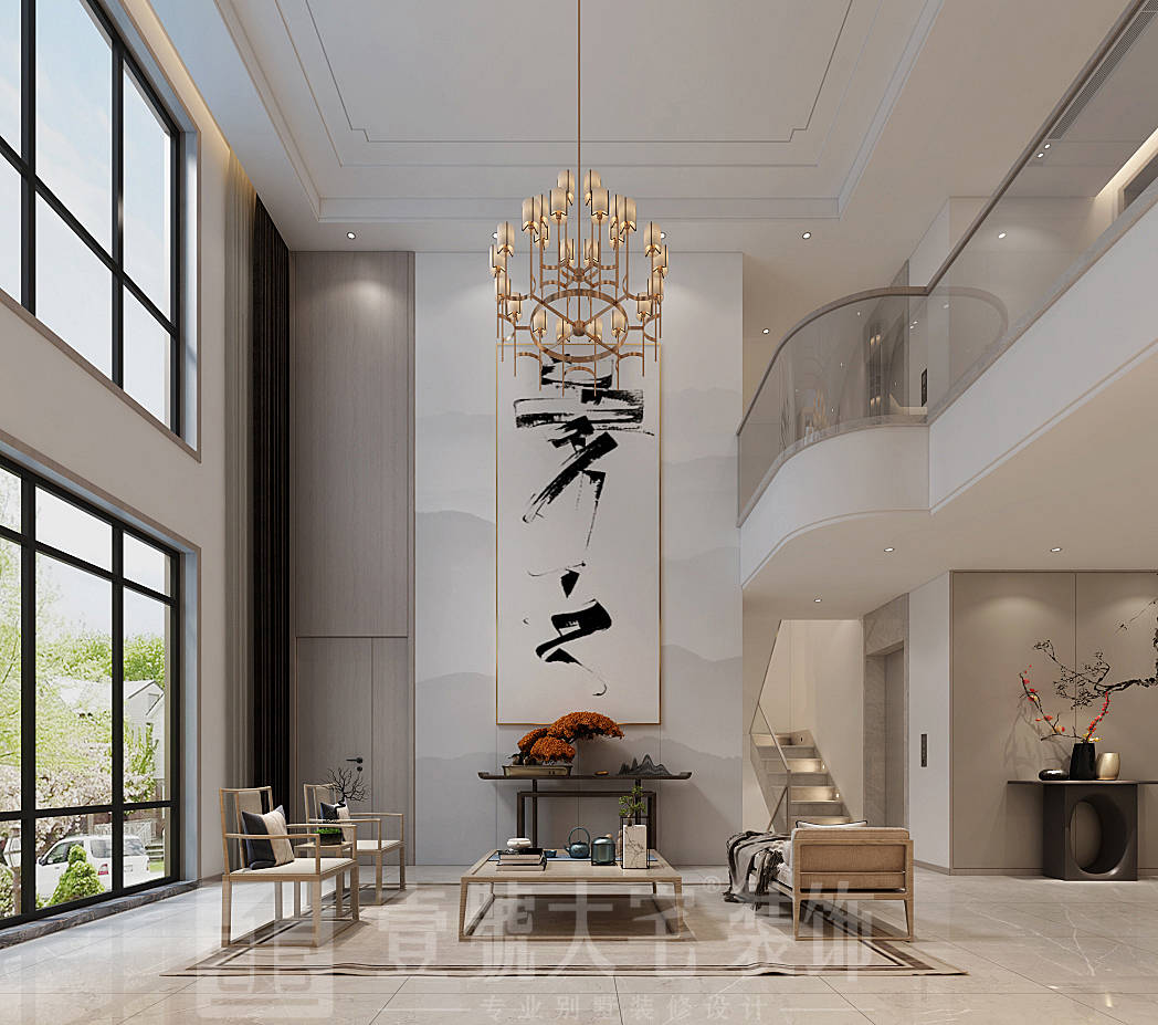 客厅挑空吊顶,沙发背景墙圆形挂画两侧做柜子.