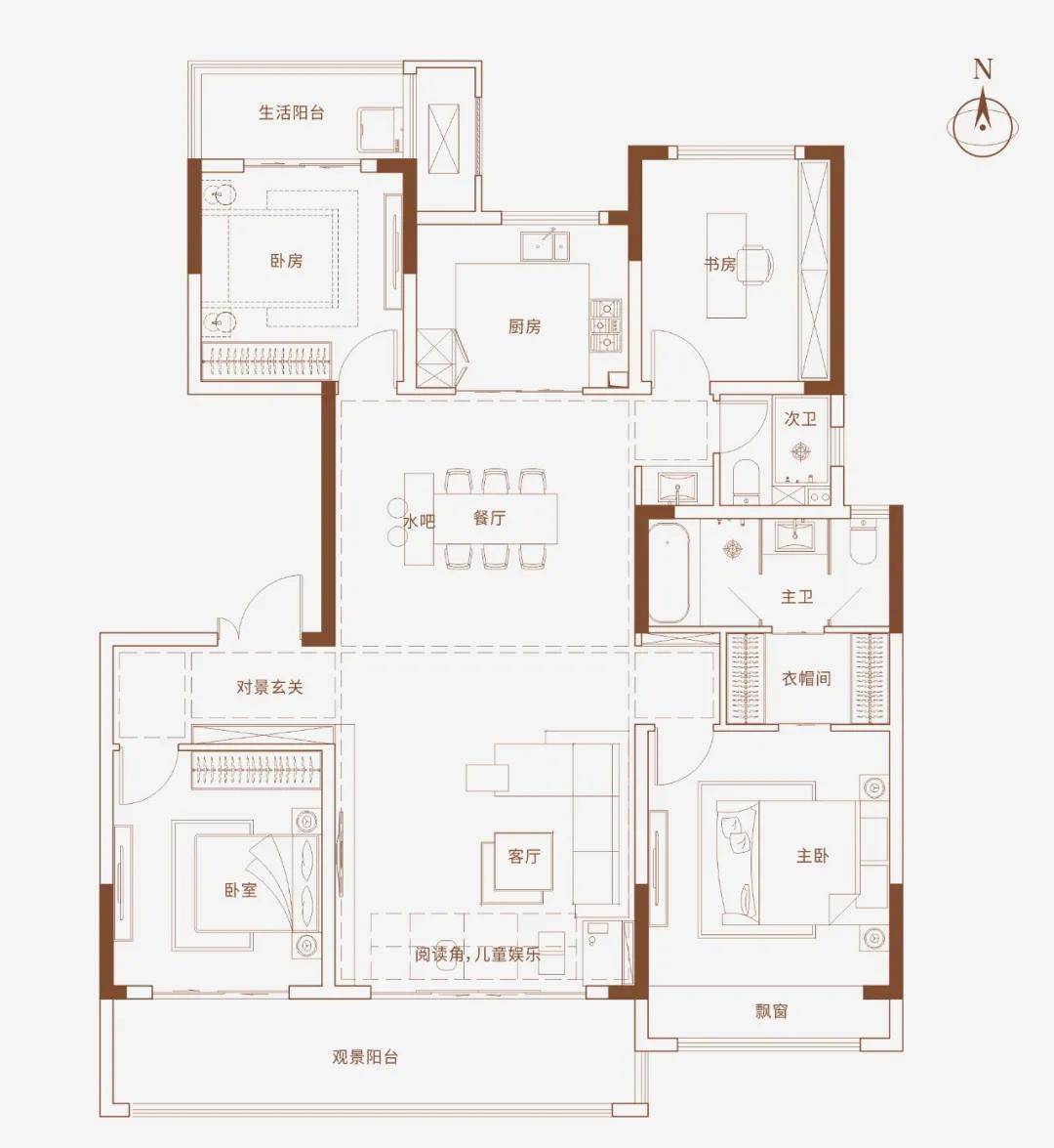 *建筑面积约165㎡的四室两厅两卫户型图