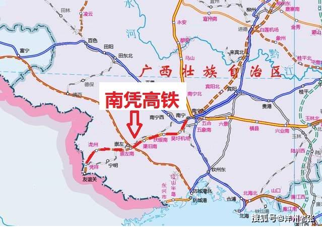 南凭高铁全线由南宁出发,向南经吴圩机场,扶绥,崇左,宁明,龙州,最后