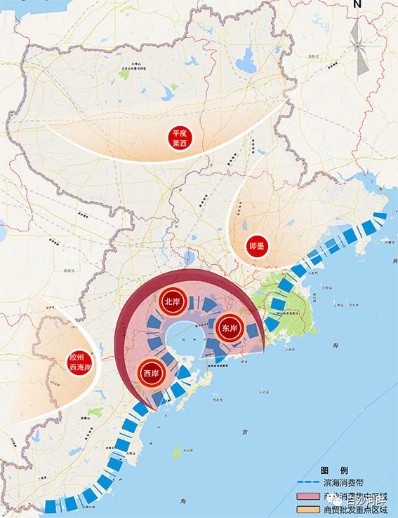 城阳区,西海岸新区,即墨区,平度市,莱西市和胶州市商业发展集中的区域