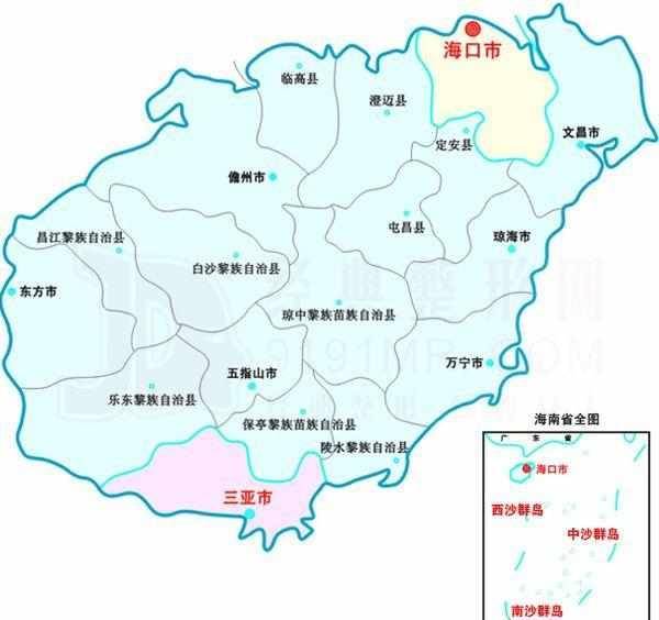 常见的海南省地图,海口,三亚标红字,特别显眼(图片来自网络)