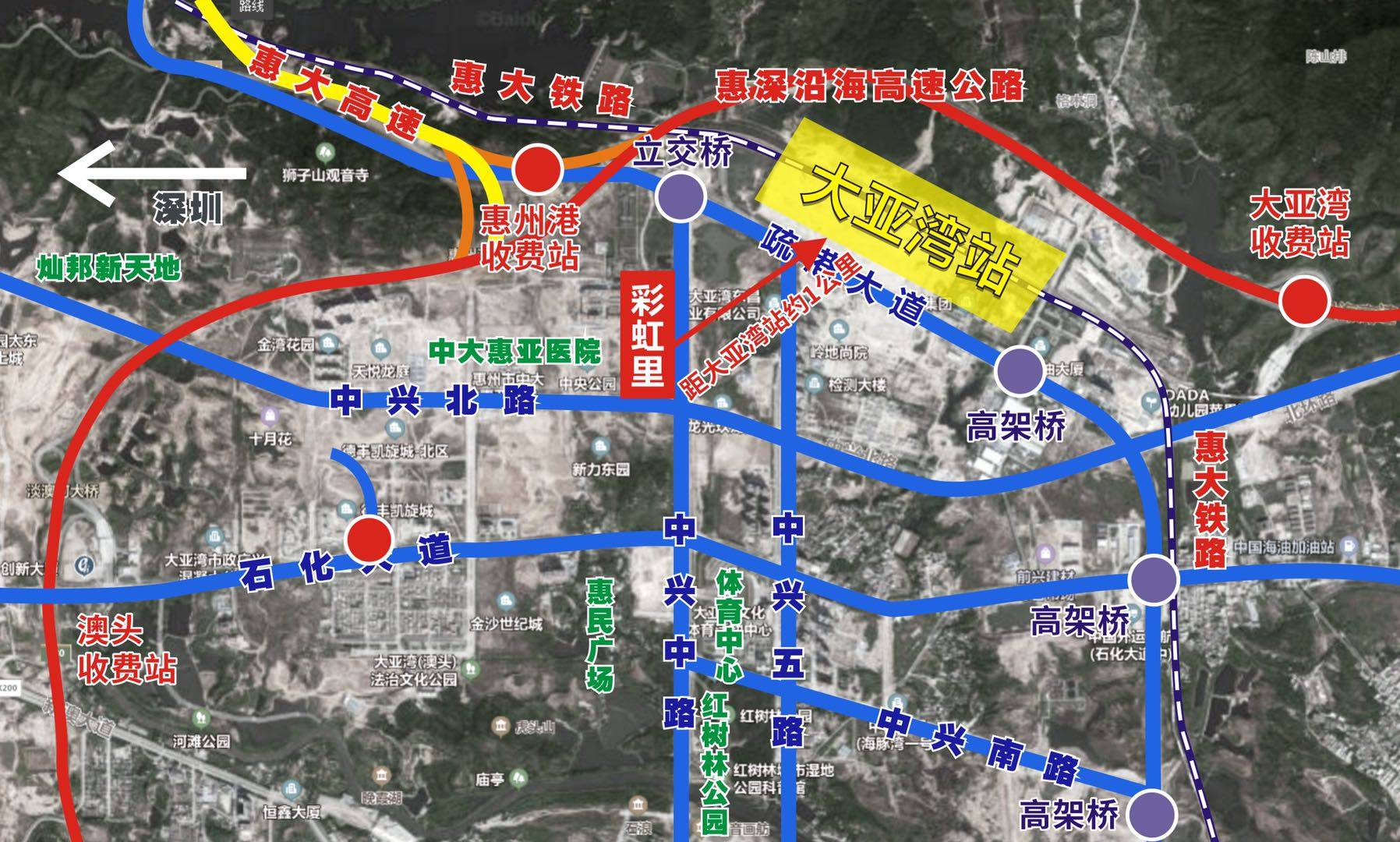 小区交通图项目距离深大城际(规划)大亚湾站仅1公里,3站即可到达深圳.