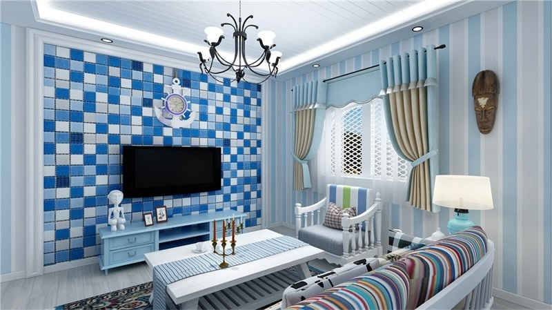 整体色调为蓝白两色,干净整洁又提高房间的亮度,壁纸为具有地中海风格