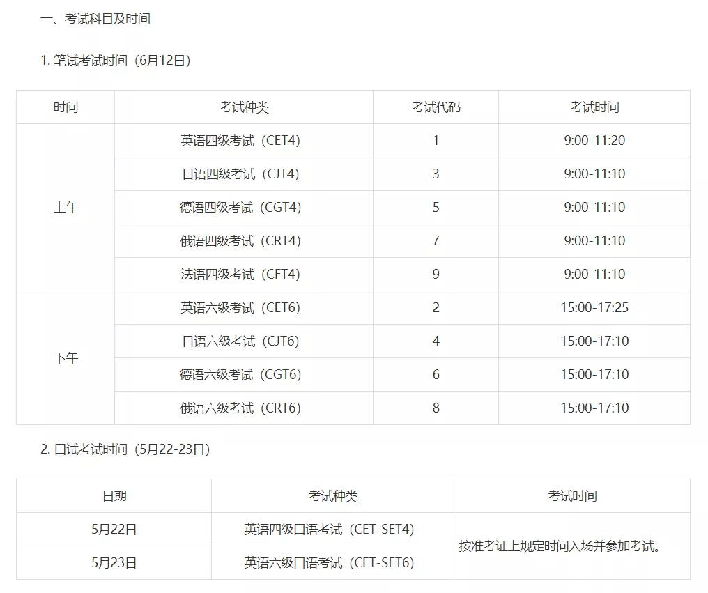 2021年上半年四六级 考试时间和报名方式 通知提到 四级笔试将于 6月