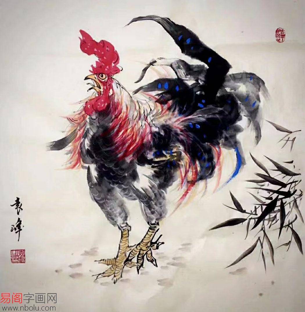 著名画家袁峰,国画公鸡大吉大利图赏析