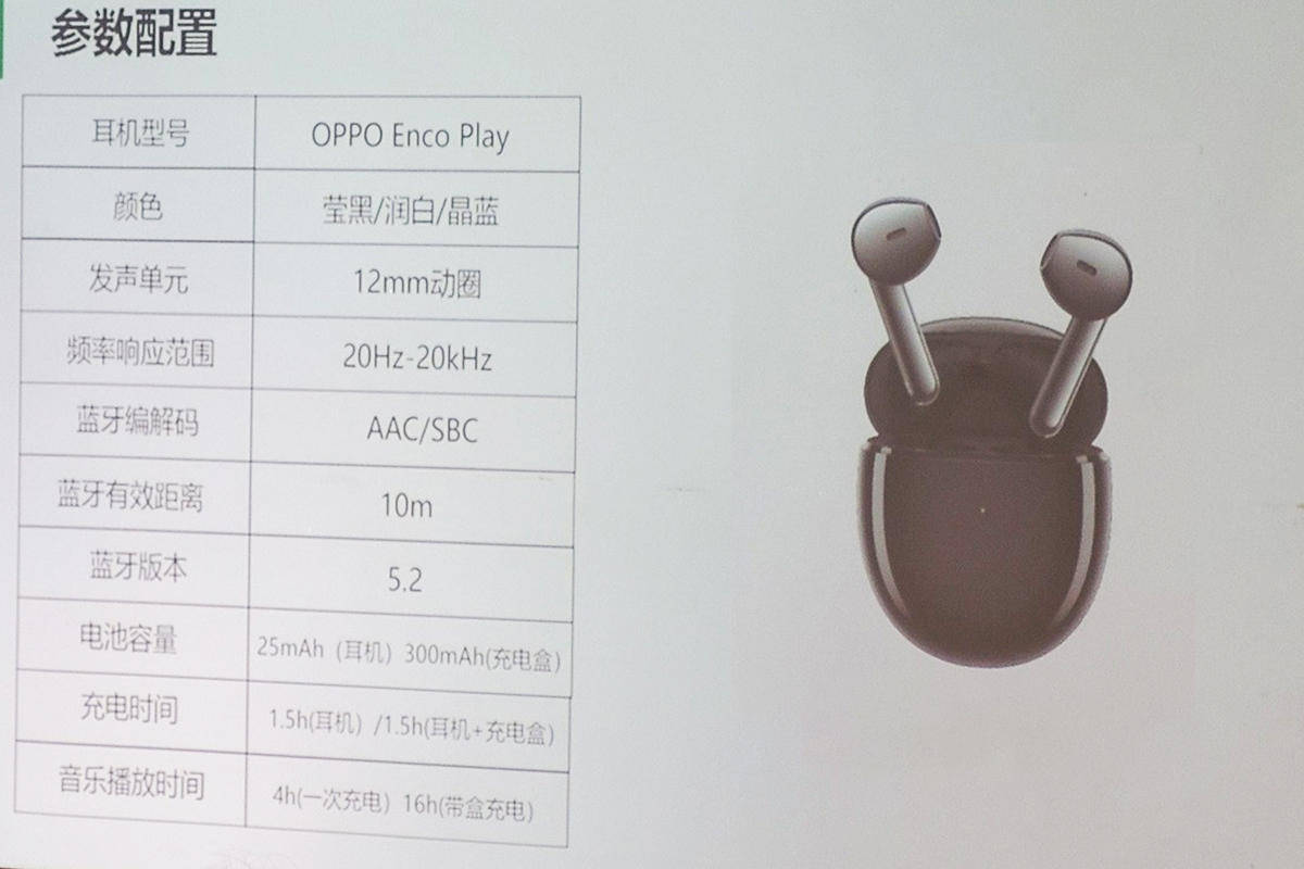 oppoencoplay真无线耳机曝光12mm动圈单元蓝牙5216h续航