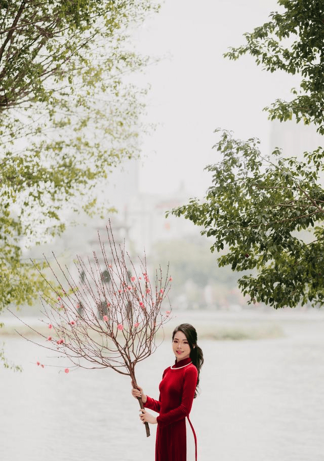 身穿红色奥黛,手持桃枝的越南姑娘,举手投足之间,甜美