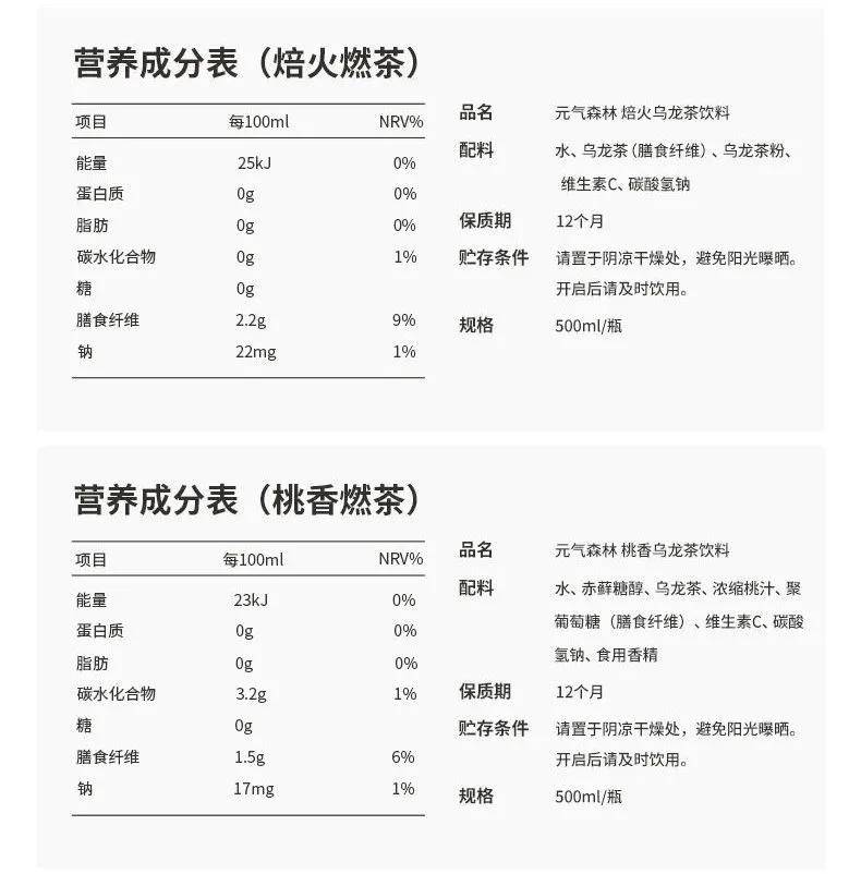 从燃茶配料表和营养成分表中,也可以看出,有些口味中也增加了赤藓糖醇