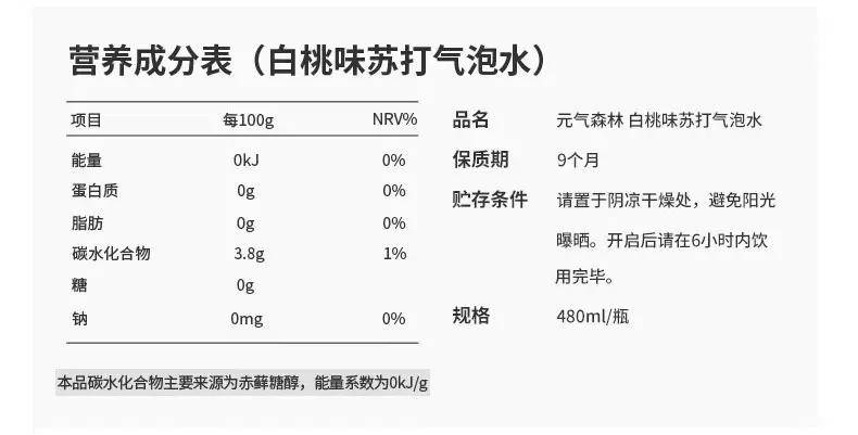 拿元气森林的气泡水产品配料表来看,其中使用赤藓糖醇,三氯蔗糖两种