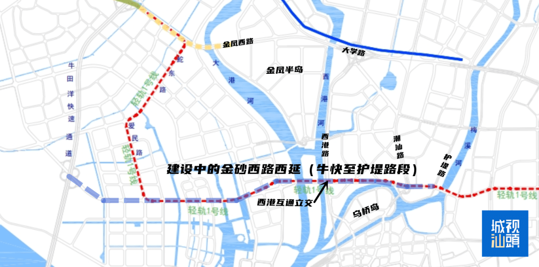 新建金砂西路西延线路图⊙ 建设中的西港互通立交(摄于2021年2月)