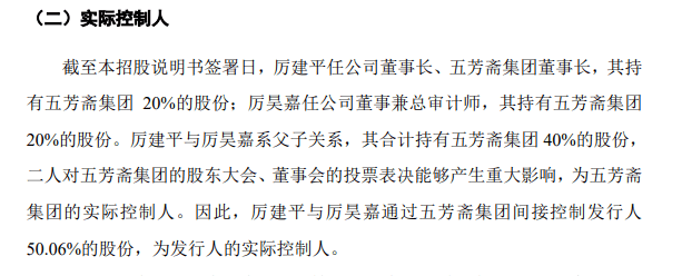 厉建平与厉昊嘉父子各自持有五芳斋集团20%股份,从而间接控制五芳斋