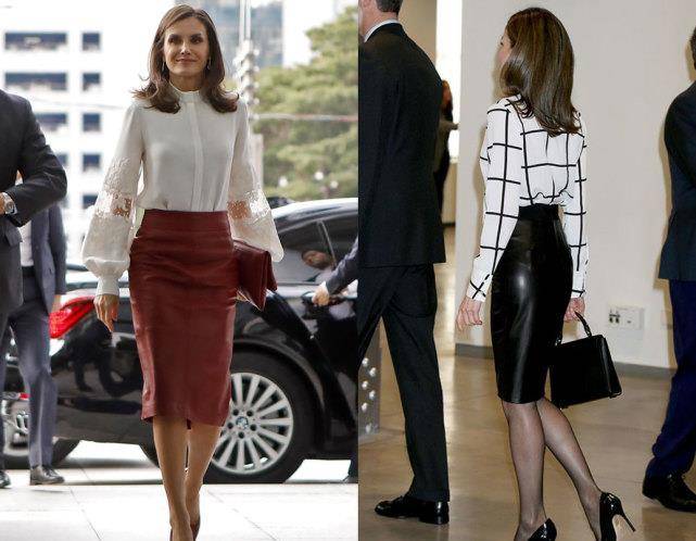 48岁西班牙王后光腿穿皮铅笔裙,斗篷外套显气场,白发成独特标志