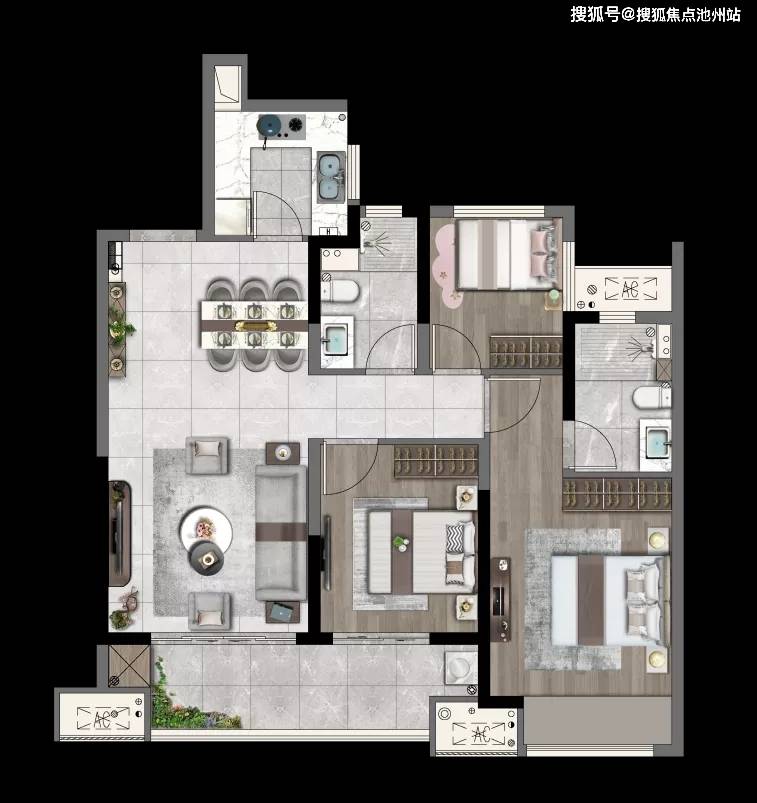 建面约98㎡高层户型装修示意图 苏州张家港建发和玺 tel:400 - 100