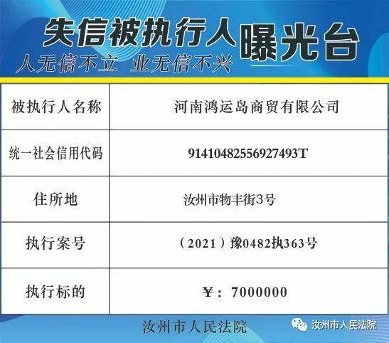 汝州市人民法院2021年失信被执行人曝光台