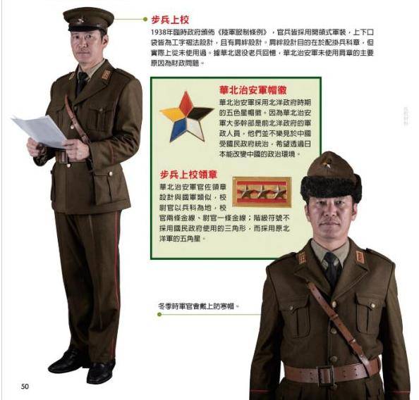 汪伪军官的军服颜色偏深,青天白日徽与国军不同的是加了一个红圈.