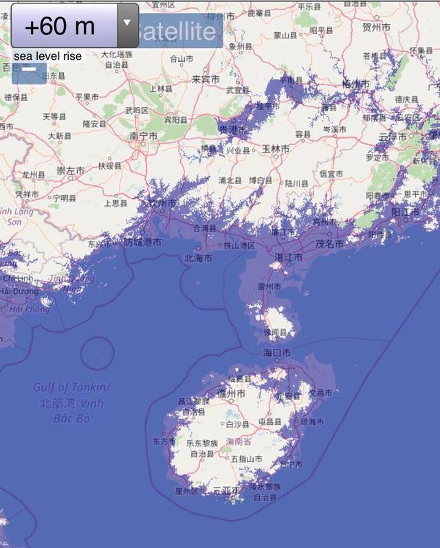 地图中可以看到,广西防城港市沿海这一带都被淹没,主要城市是钦州市和