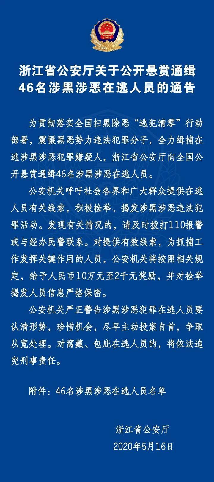 毕陆名▲最高奖励10万元！浙江省公安厅公开悬赏通缉46名涉黑涉恶在逃人员，