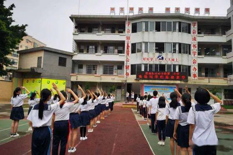 朗朗的读书声,返校第一课飞鹅塘小学学生撑着雨伞,根据指引地标保持