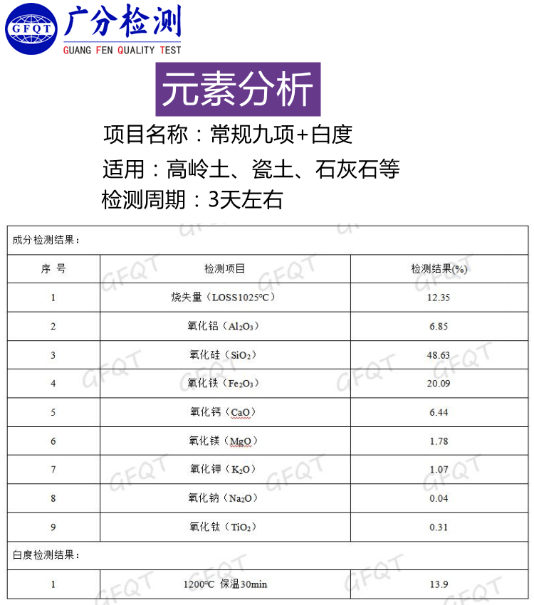 高岭土白度检测高岭土常规成分检测