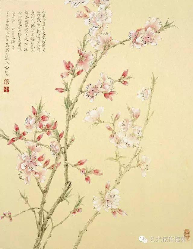 工笔花鸟画,五代黄荃,钩花填色,画法略同于山水人物,均富丽工巧;同代