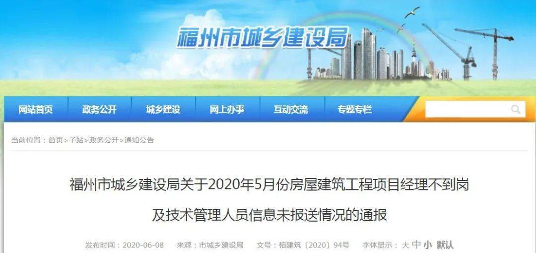 福州市城乡建设局关于2020年5月份房屋建筑工程项目经理不到岗及技术