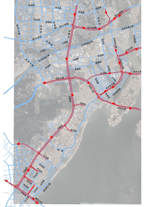 04 社会车辆分流路径 北往南方向可绕行: 新324国道,西洲路,海翔大道