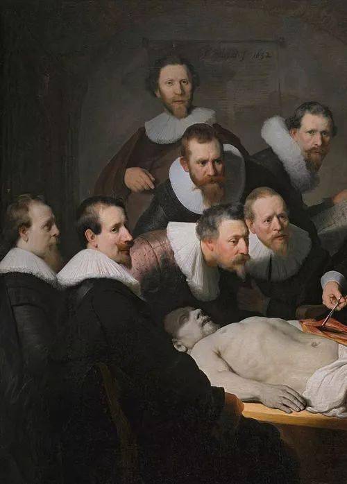 在他到达阿姆斯特丹不久画的一幅《蒂尔普医生的解剖课》中,伦勃朗比