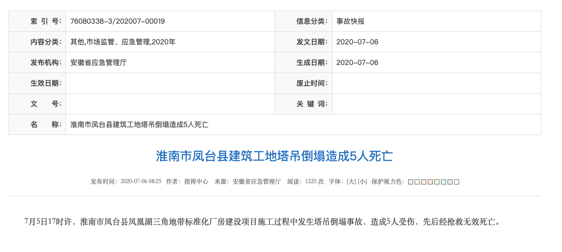 安徽淮南一建筑工地塔吊倒塌 造成5人死亡