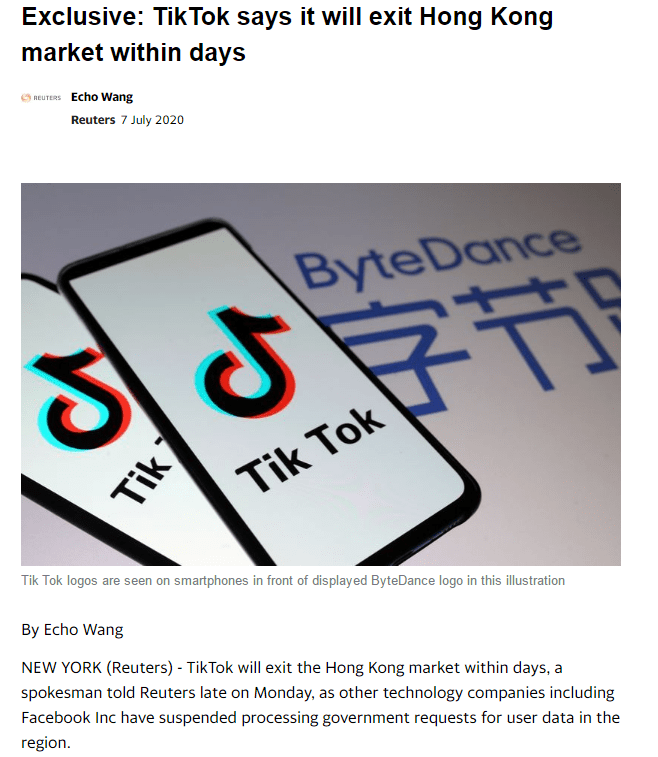 外媒：TikTok近期将退出香港市场