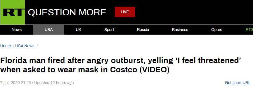 威胁|被提醒戴口罩，美佛罗里达州一男子在超市内愤怒大喊：我感觉自己受到了威胁！