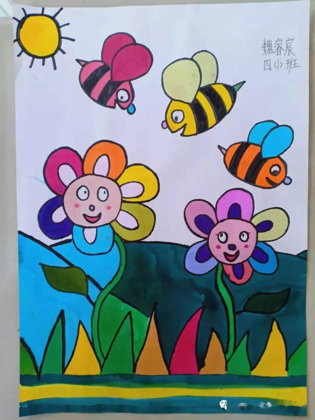 儿童画-勤劳的蜜蜂儿童画- 荡秋千儿童画- 小牛儿童画-小白兔儿童画