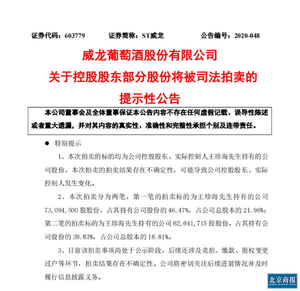 王珍海|历经11次司法冻结ST威龙四成股份遭拍卖后去向成谜