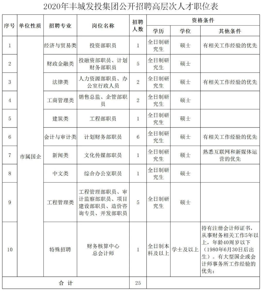 丰城发投集团招聘高层次人才25名