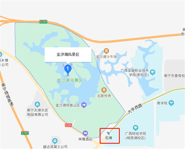 小编在百度地图上查找到了金沙湖风景区,位于南宁西部,符合选址要求