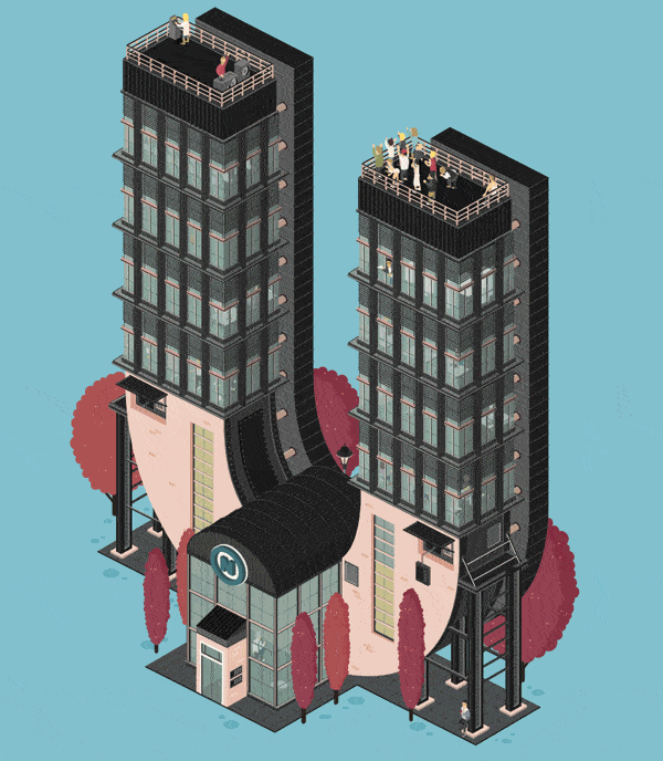 一张图都能看大半天!漂亮还会动的创意字母大厦插画!