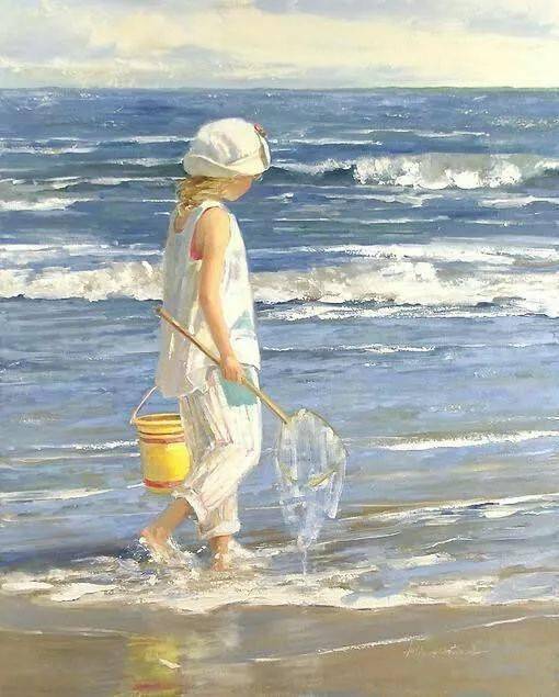 油画欣赏|海边的童趣,太美了