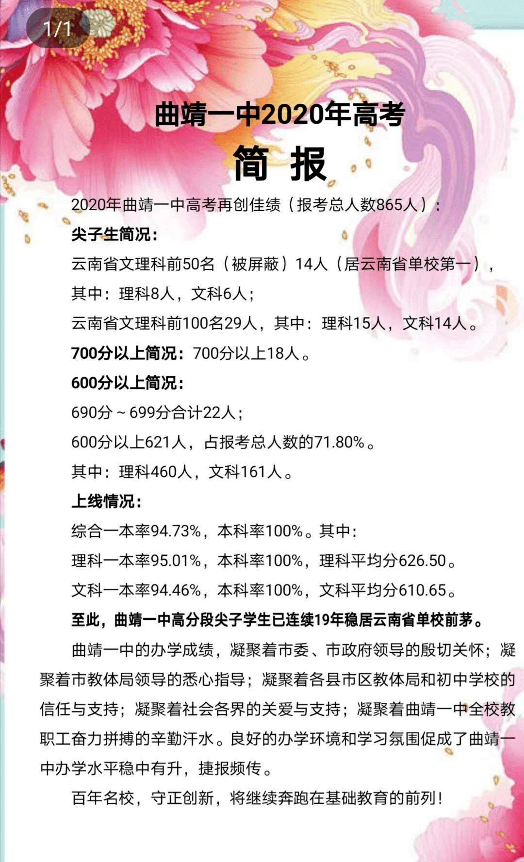2020曲靖高考分数排名_曲靖一中2020年高考简报及招生简章