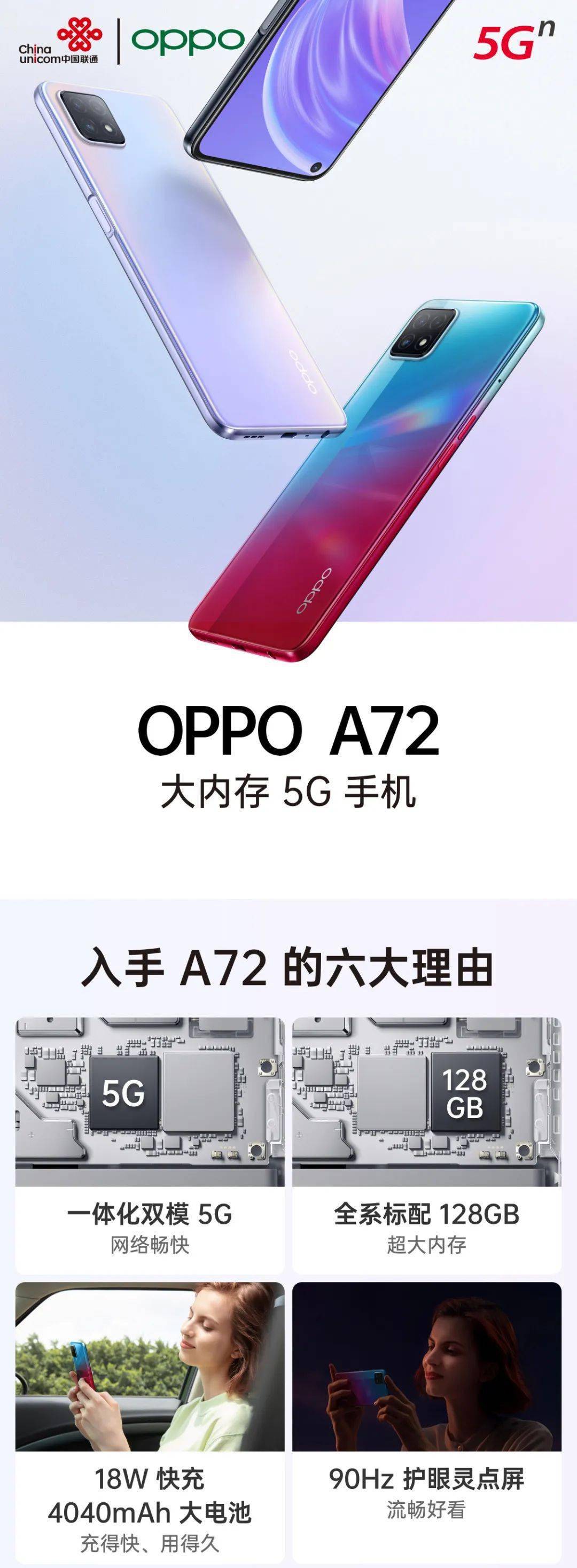 中国联通渠道联合首发,oppo a72大内存5g手机现已开启