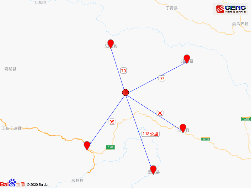 周边县城:震中距边坝县70公里,距巴宜区95公里,距波密县96公里,距洛隆