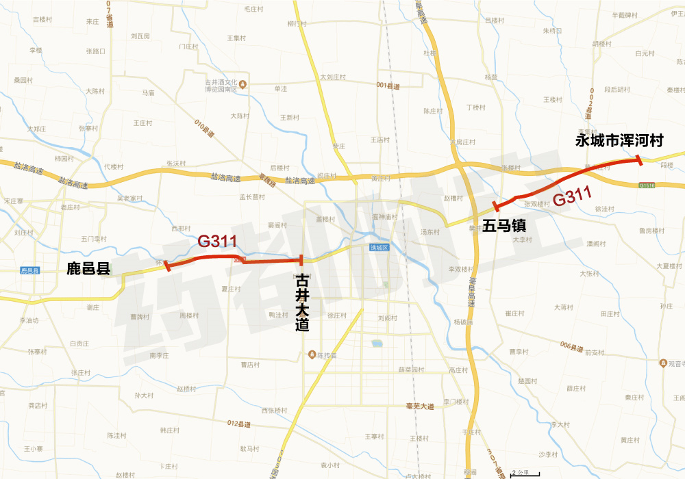 大道与老g311交叉口,沿g311向西穿越十八里镇,终点位于河南省鹿邑县